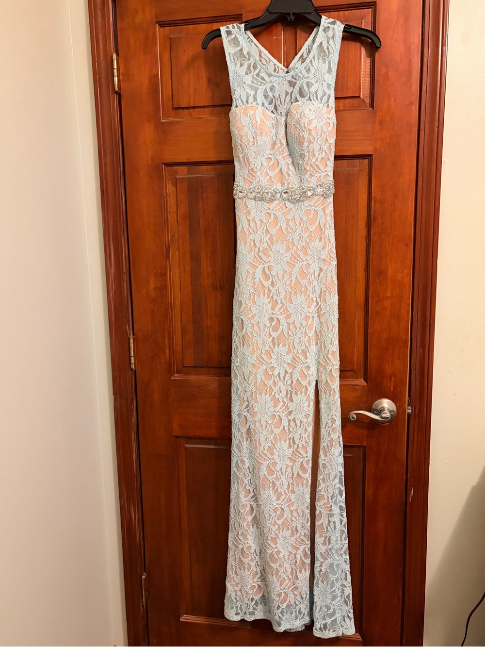 City Triangles Light Blue Lace Maxi Gown with Beaded Waist